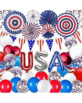 4th of July Decorations, 38PCS Red White Blue Party Decorations with Paper Fans,USA Flag Pennant ... | Amazon (US)