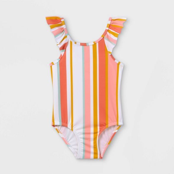 Toddler Girls' Ruffle Striped One Piece Swimsuit - Cat & Jack™ Coral | Target