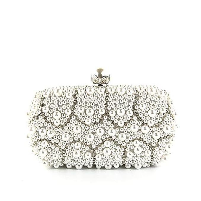 Evening Bag Fashion Pearl Beaded Evening Clutch white Diamond handbags with chain Wedding Bag | Amazon (US)