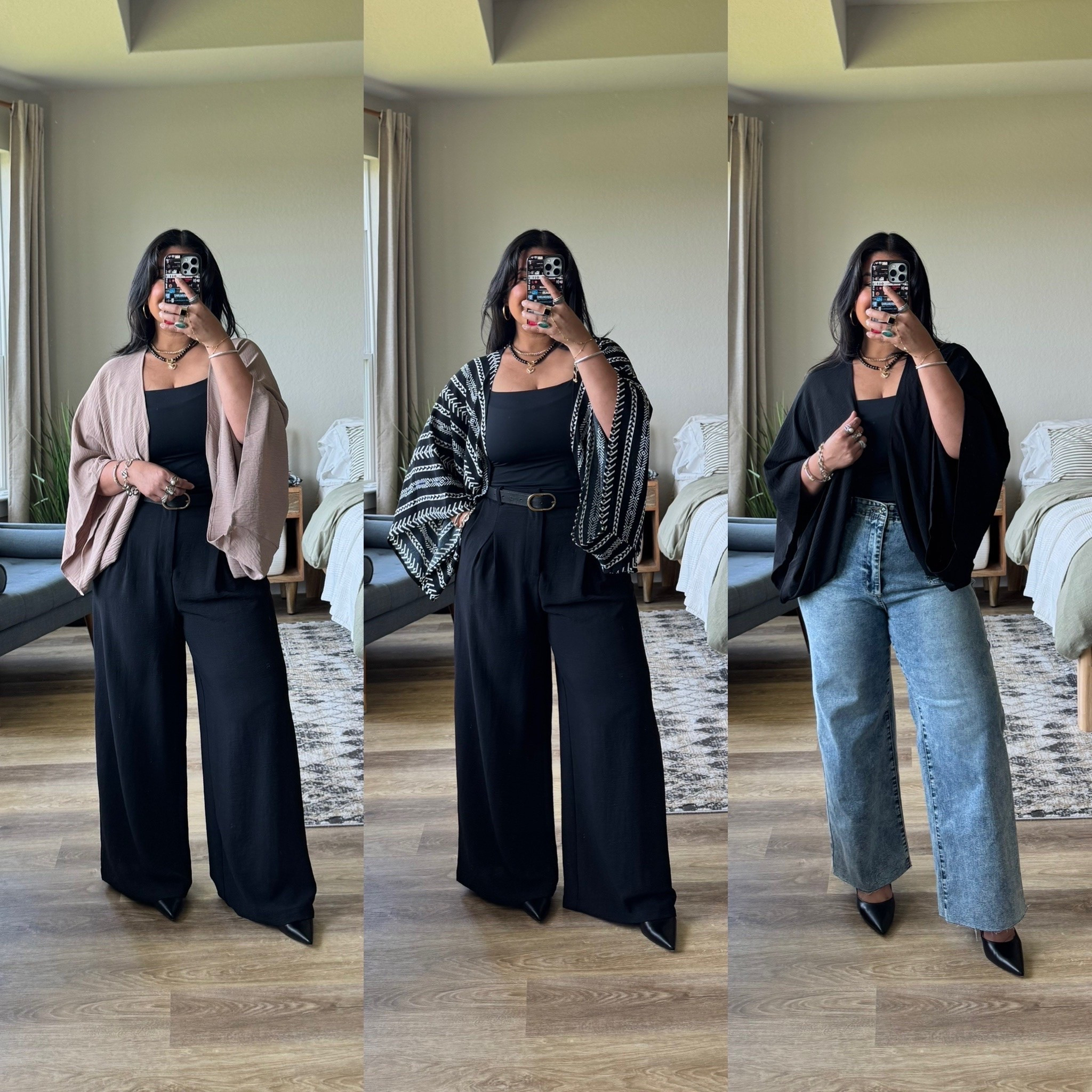 I’m 5’1” size 12, wearing a L in everything, size 12 in the jeans, shade wash blue (all true to size). This flowy poncho top is so great and easy to throw on top of any base to complete your outfit. Also great if you’re needing something simple for arm coverage.