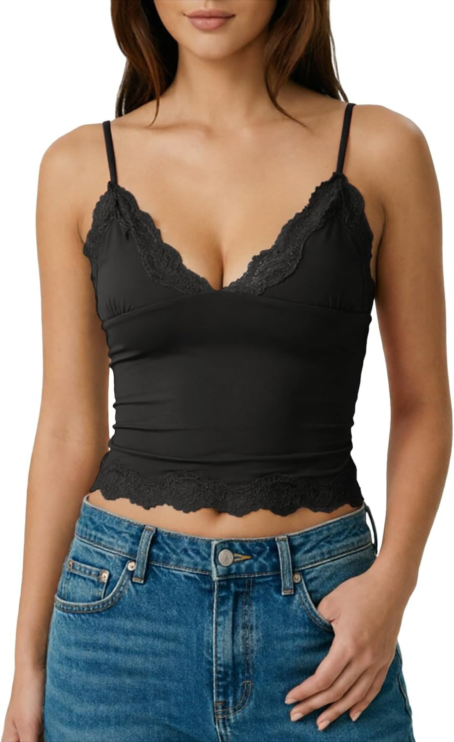 QINSEN Women's Double Layer Crop Cami V-Neck Lace Trim Tank Top with Adjustable Straps Delicate Overlay for Summer | Amazon (US)