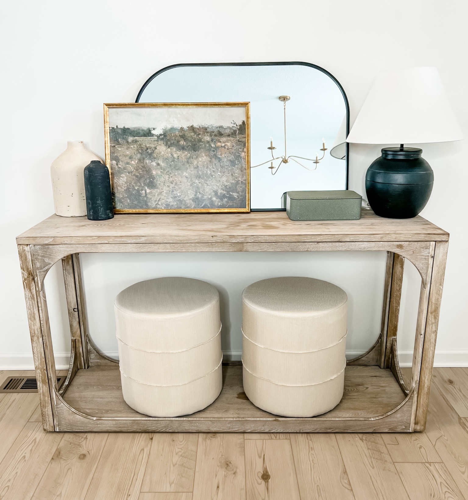 My entryway console, studio McGee target, McGee and co, Wayfair, hearth and hand. Modern, Scandinavian, black, cream, ivory, gold antique oil painting. Black lamp, poufs and stools.

#LTKunder100 #LTKhome #LTKsalealert