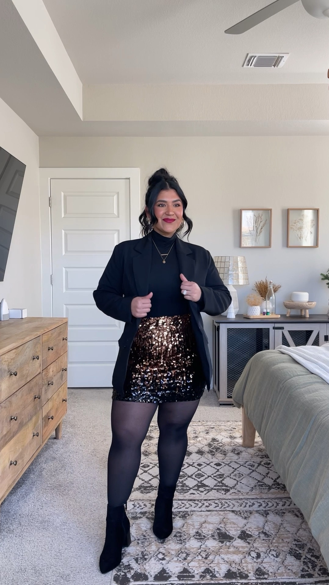 Skirt, jacket, bodysuit all true to size, wearing a large! The skirt and bodysuit are very stretchy all throughout and are double lined. Skirt comes in so many fun colors. The shade I’m wearing is light brown/coffee/black.

Tights are from Sheertex, but their availability is very limited so I’m linking my favorites from Amazon. Boots are true to size. #LTKParties

#LTKMidsize #LTKHoliday