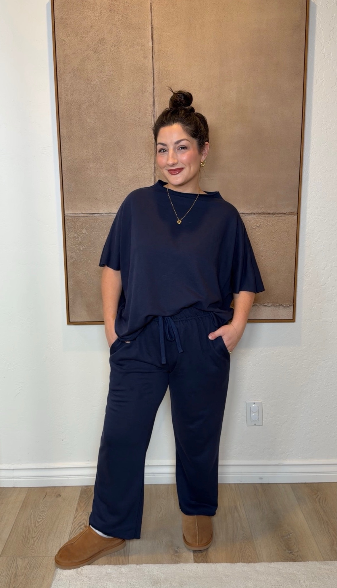 Petite friendly lounge set size small 

Raw hem top and mid rise bottoms 
(5'0" 140lbs)

#LTKootd #LTKPetite #LTKFindsUnder50