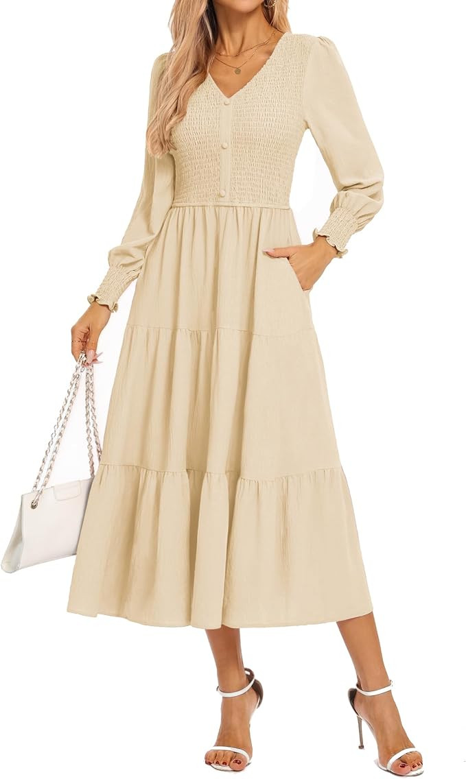 Kate Kasin Womens Long Sleeve Mixi Dress, Smocked Work Dress with Pockets, Elegant Fall Dresses 2... | Amazon (US)