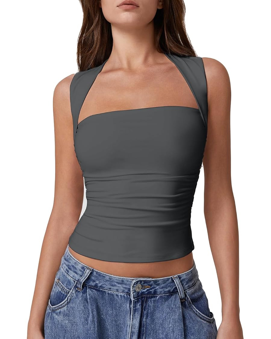 QINSEN Womens Square Neck Tank Tops Side Ruched Double Lined Slim Fit Summer Going Out Crop Top | Amazon (US)
