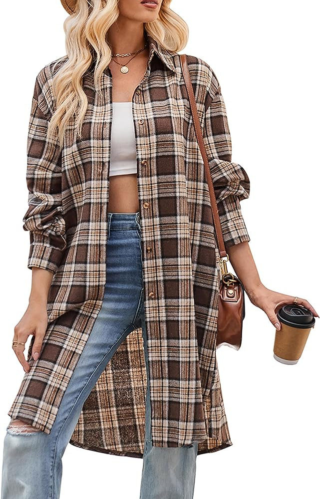 Bozanly Oversized Mid Long Plaid Flannel Shirts for Women Lapel Long Sleeve Check Blouse with Poc... | Amazon (US)