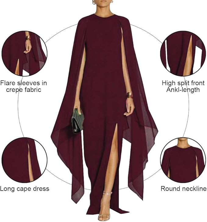 MAYFASEY Women's Elegant High Split Flare Sleeve Formal Evening Gowns Maxi Dress with Cape | Amazon (US)
