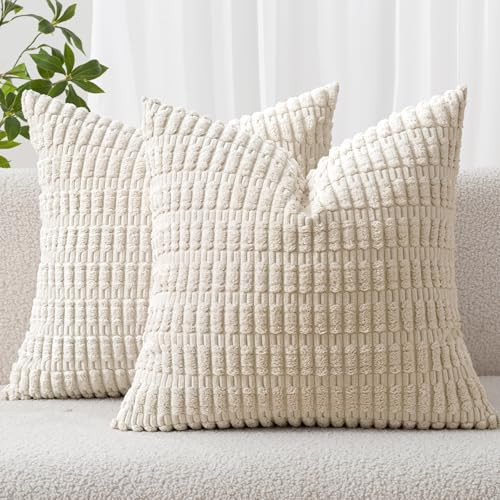 MIULEE Pack of 2 Corduroy Decorative Throw Pillow Covers 18x18 Inch Soft Boho Striped Pillow Covers Modern Farmhouse Home Decor for Sofa Living Room Couch Bed Cream White | Amazon (US)