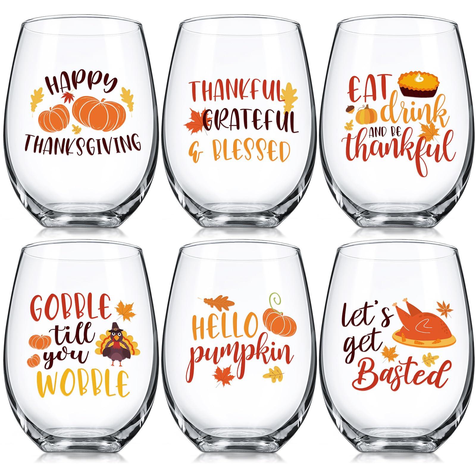 Mumufy 6 Pcs Fall Stemless Wine Glass 17 oz Thanksgiving Wine Glass Pumpkin Maple Leaves Glasswar... | Amazon (US)
