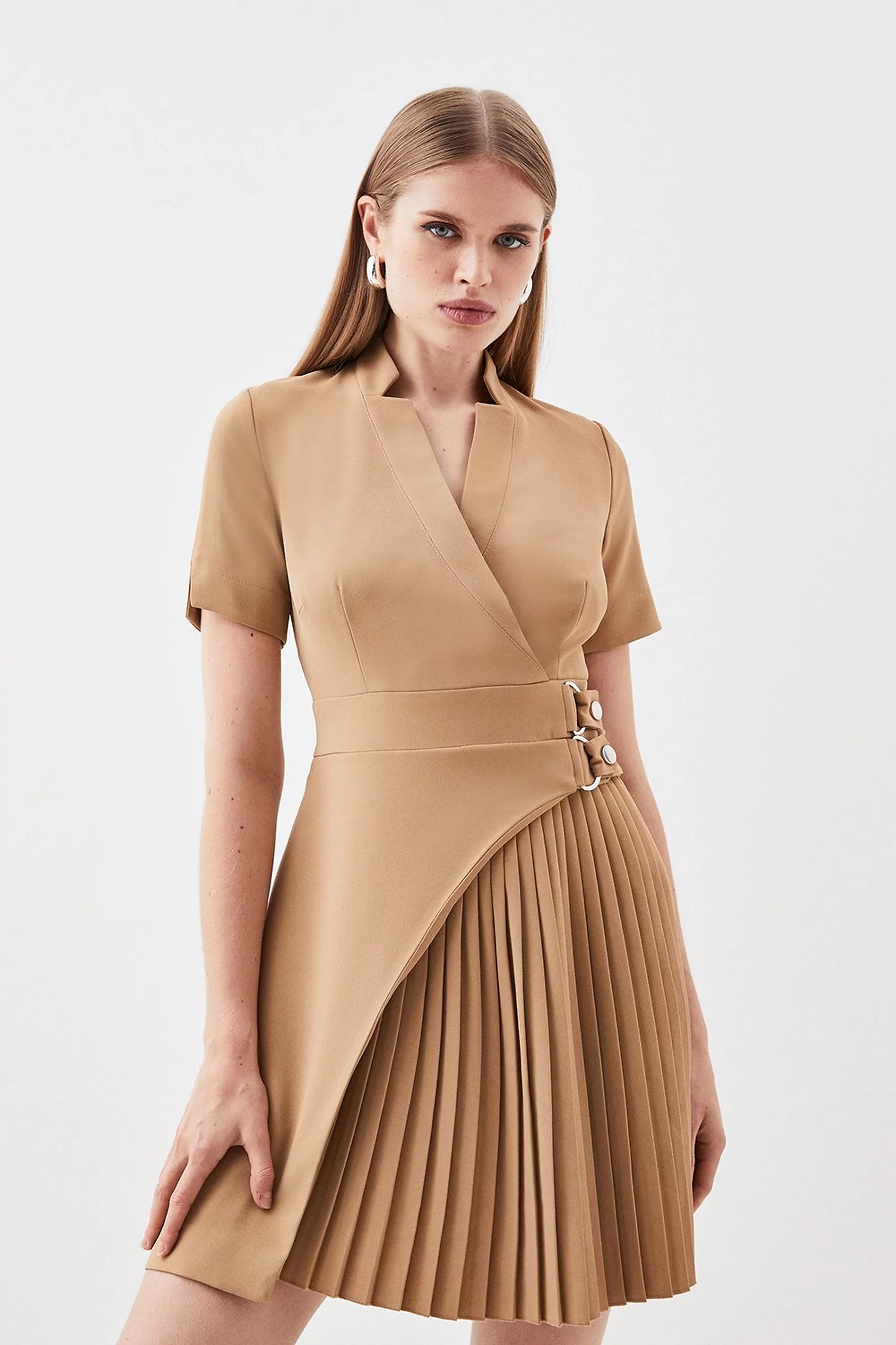 Tailored Military Pleat Notch Neck Wrap Mini Dress | Karen Millen US