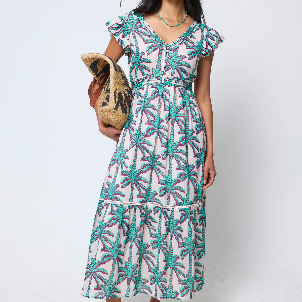 Cream with Green Shadow Palm Broderie Sleeve Pintuck Midi Dress | Scamp & Dude