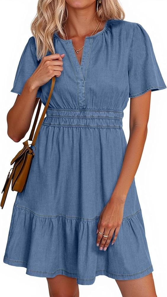 Simplee Womens Summer Denim Dress Casual Short Sleeve Tiered Mini Jean Dresses Western Cowgirl Co... | Amazon (US)