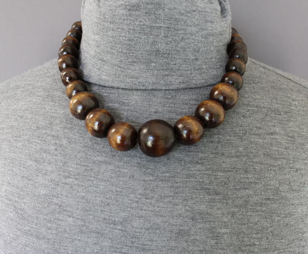 Dark Brown Wood Big Chunky Bead 17-19" Necklace Beaded Wooden Lightweight Graduated Size Beads - ... | Etsy (US)
