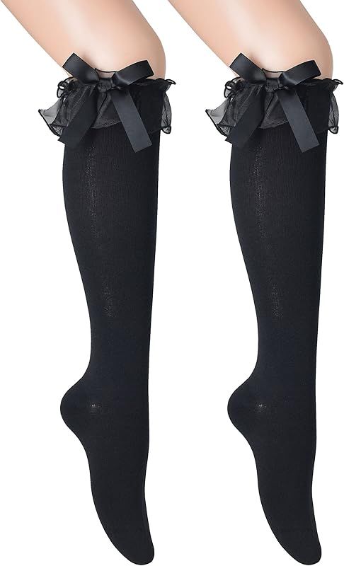 SRYL Women Girl's Cotton Knee High Socks with Lace Ruffle Trim Socks, Calf Socks Bow Style | Amazon (US)