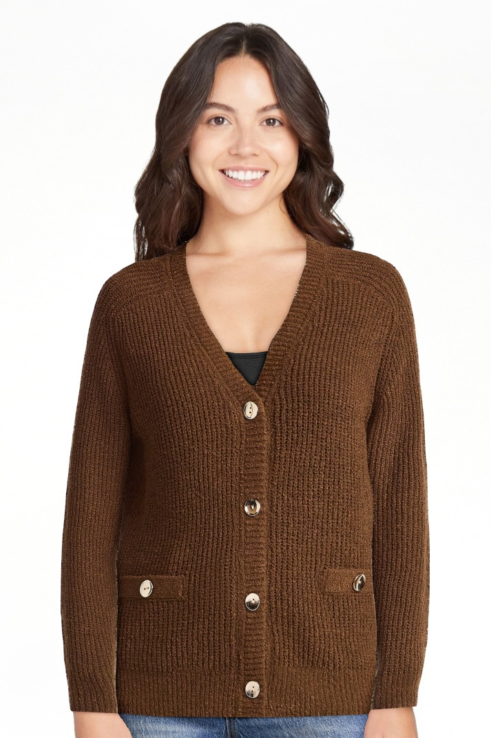 Time and Tru Women's V Neck Button Front Boucle Cardigan Sweater with Long Sleeves, Mid-weight, S... | Walmart (US)