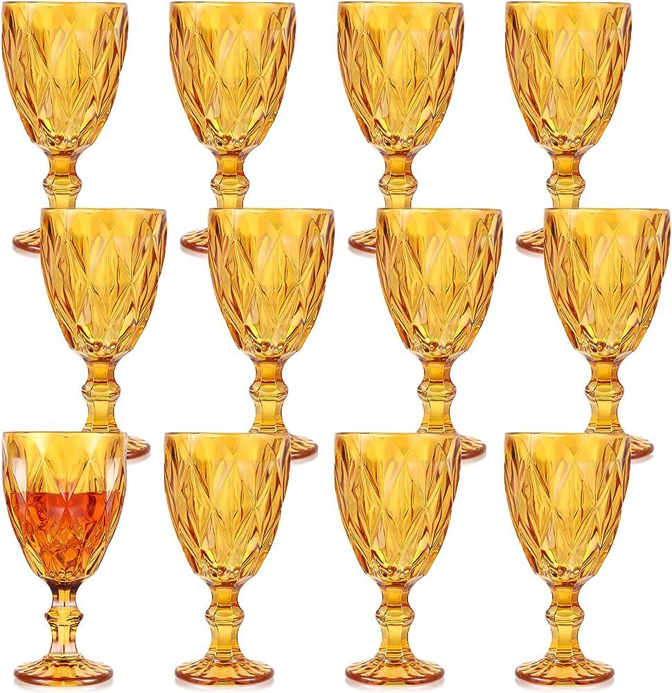 Yinder 12 Pack Glass Goblet Vintage Wine Goblet Embossed Glassware 10 oz Solid Color Glass Goblet... | Amazon (US)