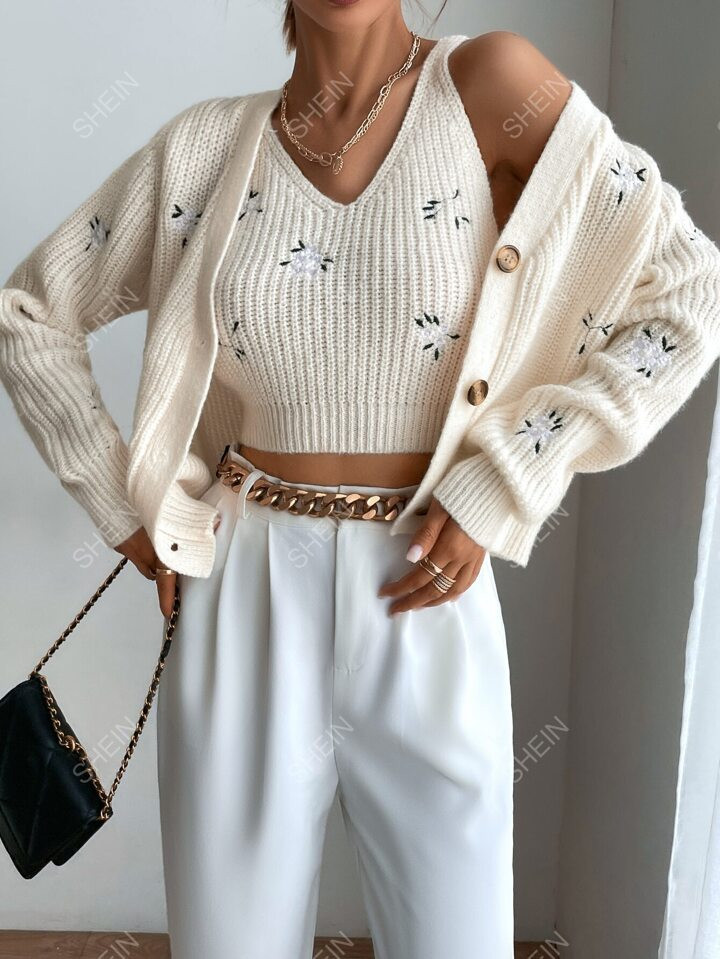 SHEIN EZwear Floral Embroidery Cardigan & Knit Top | SHEIN