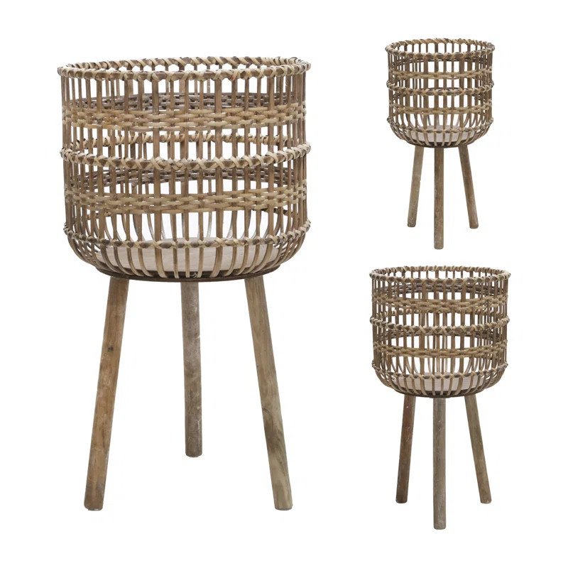 Makena 3 Piece Bamboo Planter Pots on Tripod Stands,Indoor and Outdoor, 15 L x 15 W x 26 H Inches... | Wayfair North America