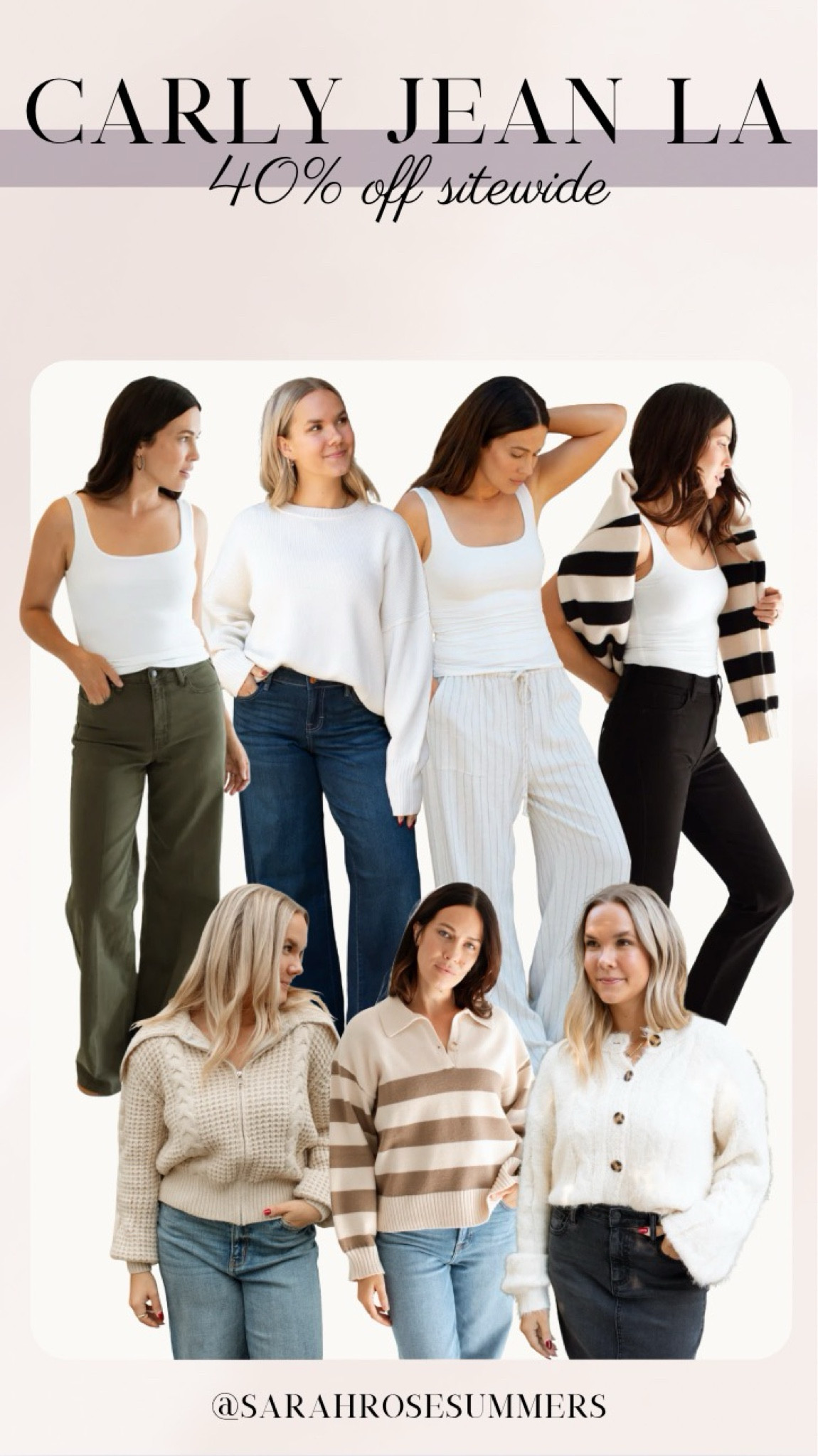 Carly Jean Los Angeles is 40% off sitewide with code CHANGEOFPLANS40. Shop best selling denim jeans, lien pants, sweaters and cardigans on sale. 

#LTKSaleAlert #LTKStyleTip #LTKFindsUnder100