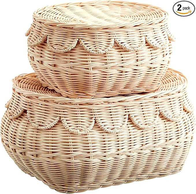 Small scalloped basket Set, Hand woven rattan basket with lid, scallop tray, Storage wicker baske... | Amazon (US)