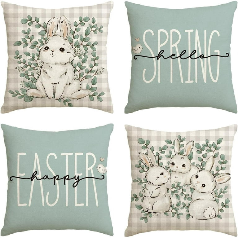 HAPPINESS Happy Easter Buffalo Plaid Rabbit Throw Pillow Cover, 18 x 18 Inch Eucalyptus Leaves He... | Walmart (US)