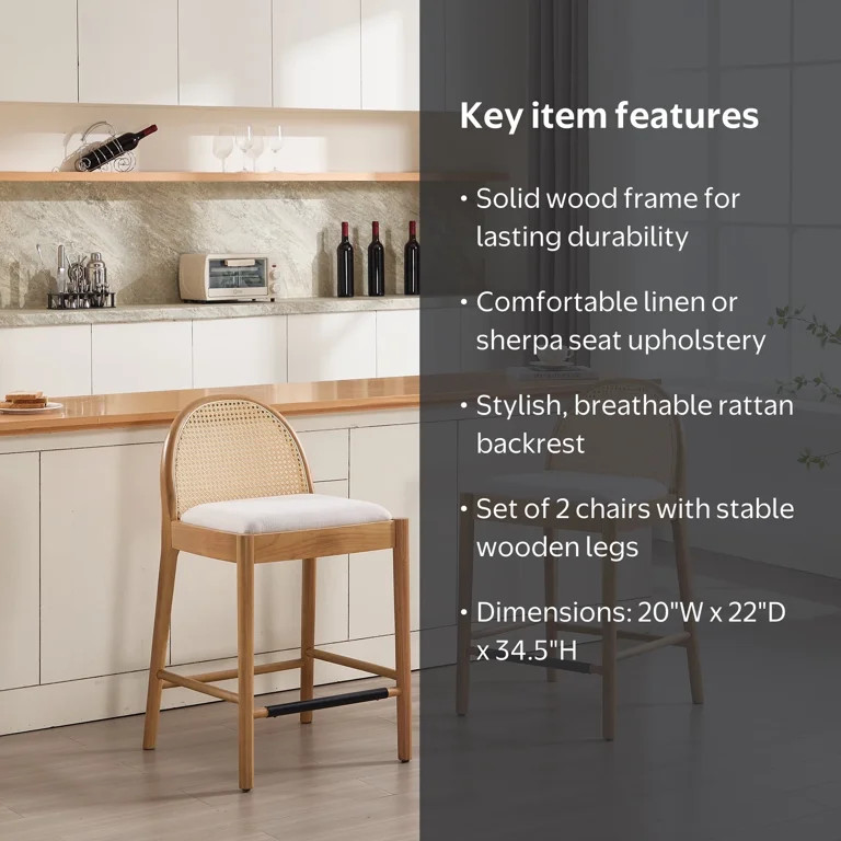 Guyou Modern Bar Stools Set of 2, 26" Counter Height Bar Stools with Natural Rattan Back and Soli... | Walmart (US)