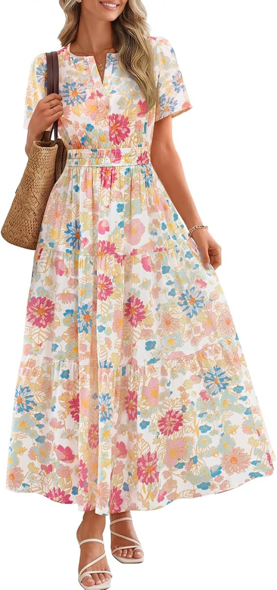 MEROKEETY Women's Spring Summer Floral Maxi Dresses 2026 Casual Beach Vacation Boho V Neck Short ... | Amazon (US)