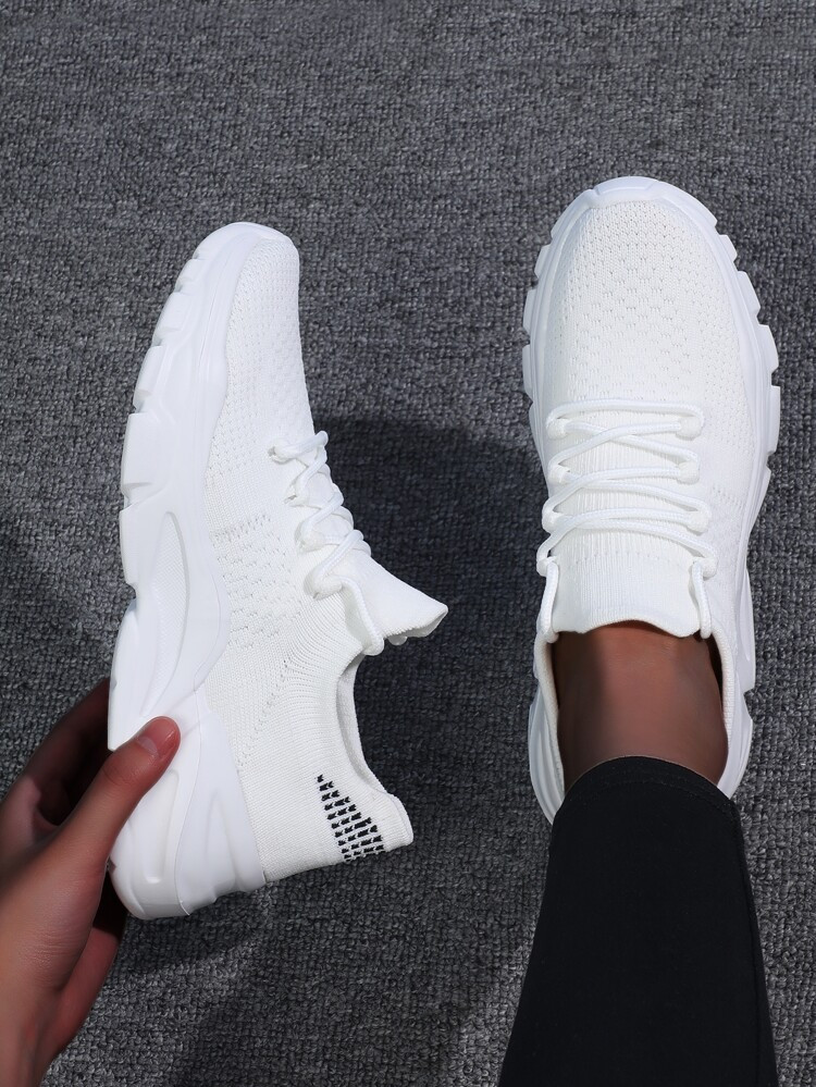 Women Lace-up Front Breathable Mesh Fabric White Running Shoes | SHEIN