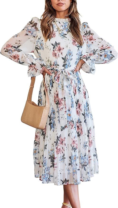 ANRABESS Women's Floral Midi Dress Puff Long Sleeve Ruffle Trim Smocked A-line Pleated Swing Chif... | Amazon (US)