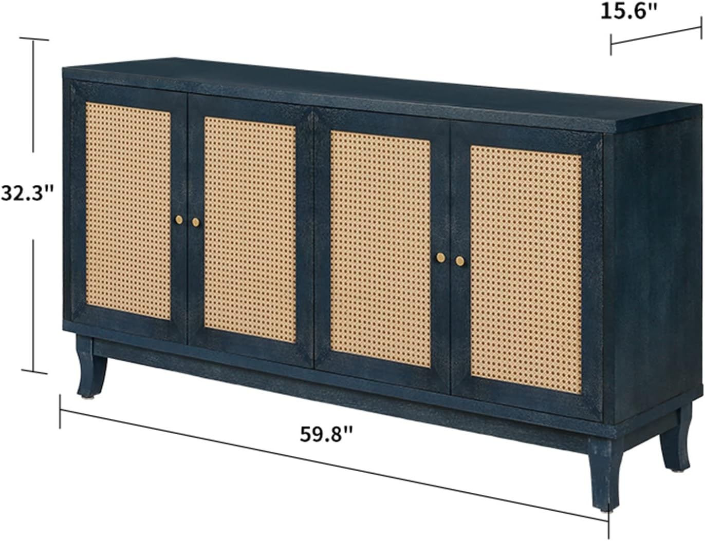 Mid-Century Rattan 4-Door Solid Wooden Legs Buffet Sideboard Antique Blue Storage Cabinet Console... | Amazon (US)
