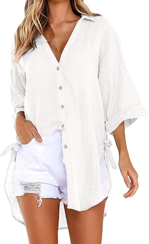 Runcati Womens V Neck Shirts Button Down Cotton Linen 3/4 Cuffed Sleeve Causal Loose Blouse Roll ... | Amazon (US)