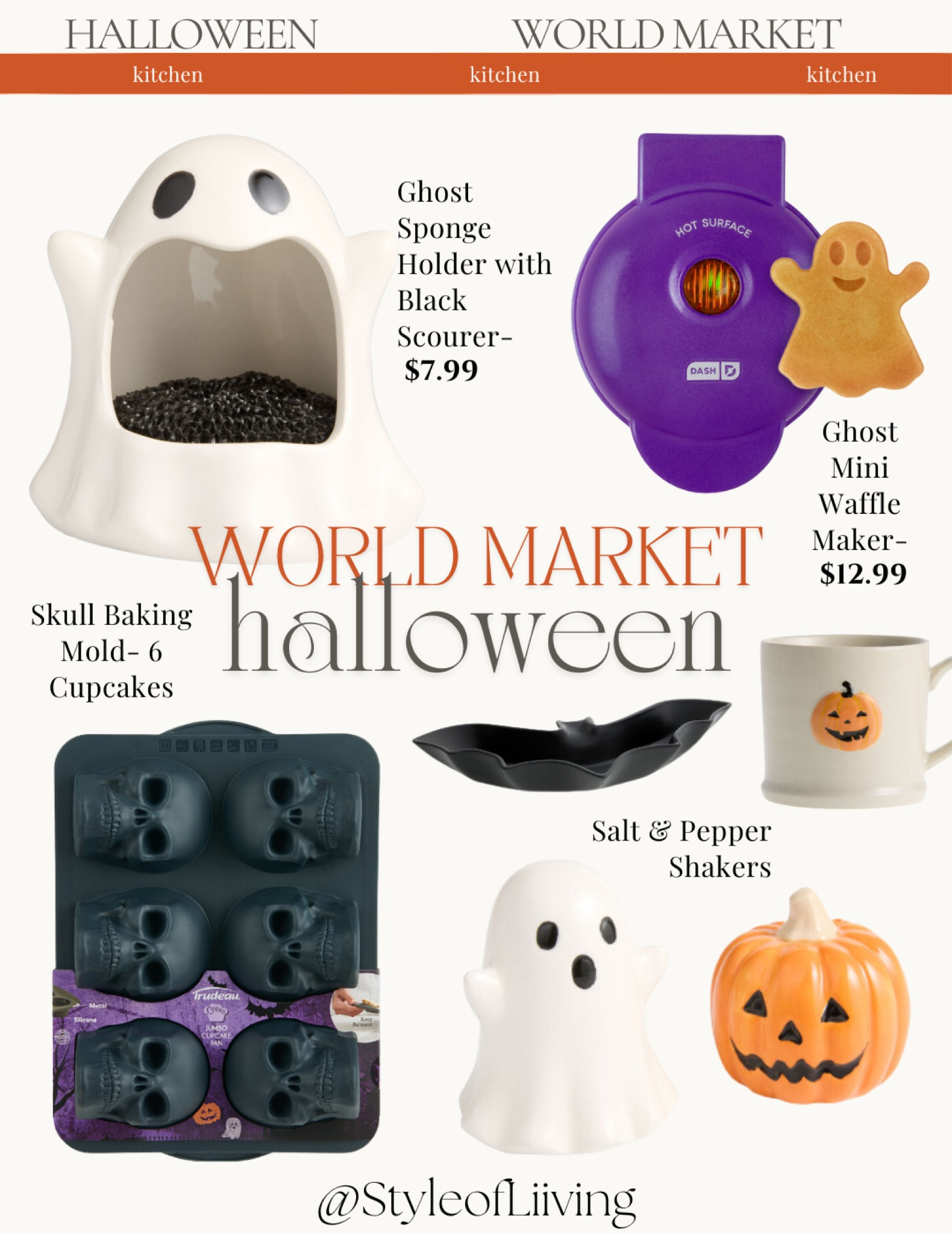 World Market Halloween kitchen finds! Bakeware, salt and pepper shakers, mini ghost pancake waffle maker, mugs, sponge holder, serveware. Skeletons, pumpkins, ghosts, bats, skulls.

#LTKHome #LTKSeasonal #LTKFindsUnder50
