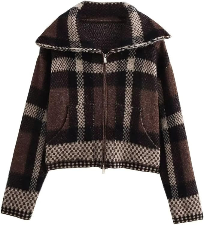 Chevara Women’s Checkered Cardigan Sweater Vintage Lapel Collar Long Sleeve Zip Up Knit Sweatsh... | Amazon (US)