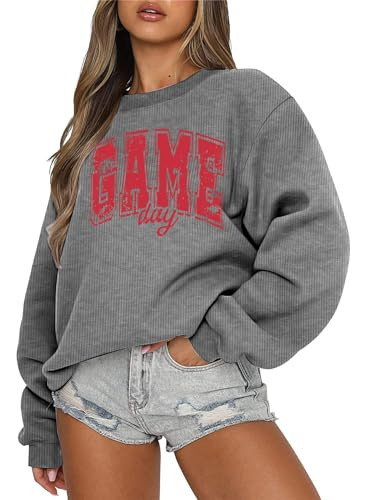 LUKYCILD Women Game Day Sweatshirt Football Sweatshirts Gameday Sunday Pullover Football Season Long Sleeve Shirt Grey | Amazon (US)