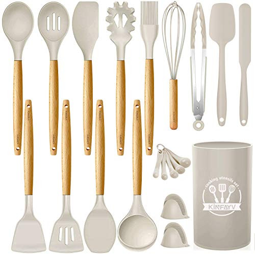 Kinfayv Silicone Cooking Utensils Kitchen Utensil Set, 21 PCS Wooden Handle Nontoxic BPA Free Silicone Spoon Spatula Turner Tongs Kitchen Gadgets Utensil Set for Nonstick Cookware with Holder (Khaki) | Amazon (US)