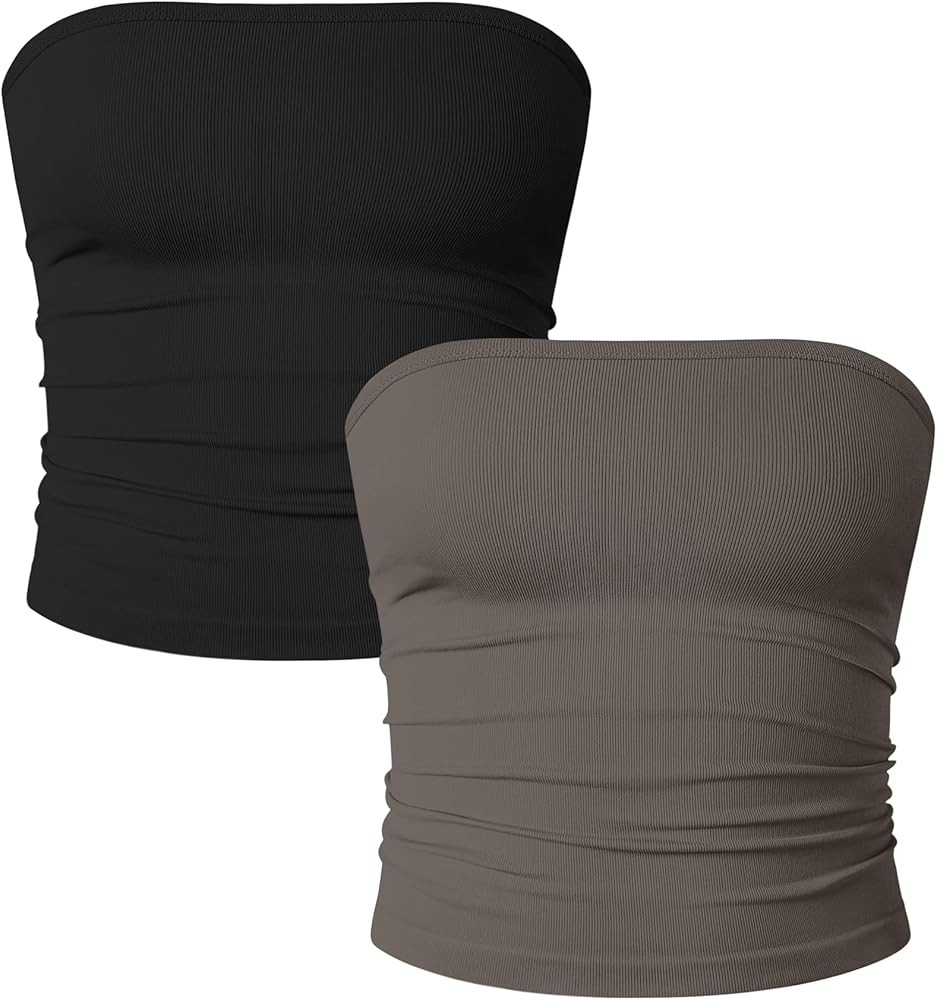 OQQ Womens 2 Piece Tube Tops Strapless Basic Sleeveless Stretch Classic-Fit Shirts Sexy Crop Tops | Amazon (US)