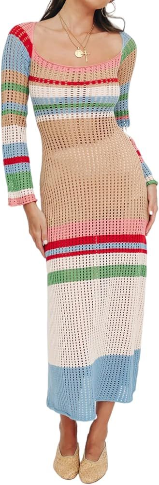 Womens Striped Square Collar Knit Hollow Out Long Sleeve Crochet Maxi Dress | Amazon (US)