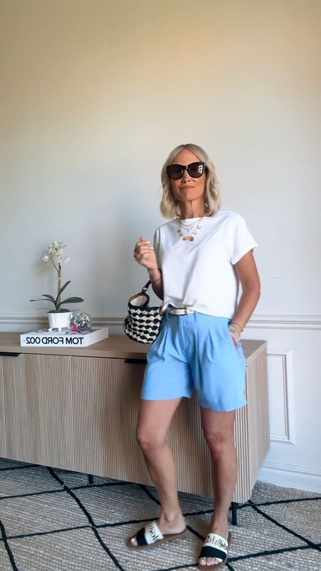 Dressy short- these run small, I tried my true size 0 and they were too snug, sized up to the 2.  
Tshirt TTS in xs
Chloe sandals 
Straw tote
Spring outfit
Graduation party style
Open house outfit

#LTKover40 #LTKfindsunder100 #LTKstyletip