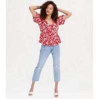 Petite Red Ditsy Floral Tie Front Peplum Blouse New Look | New Look (UK)