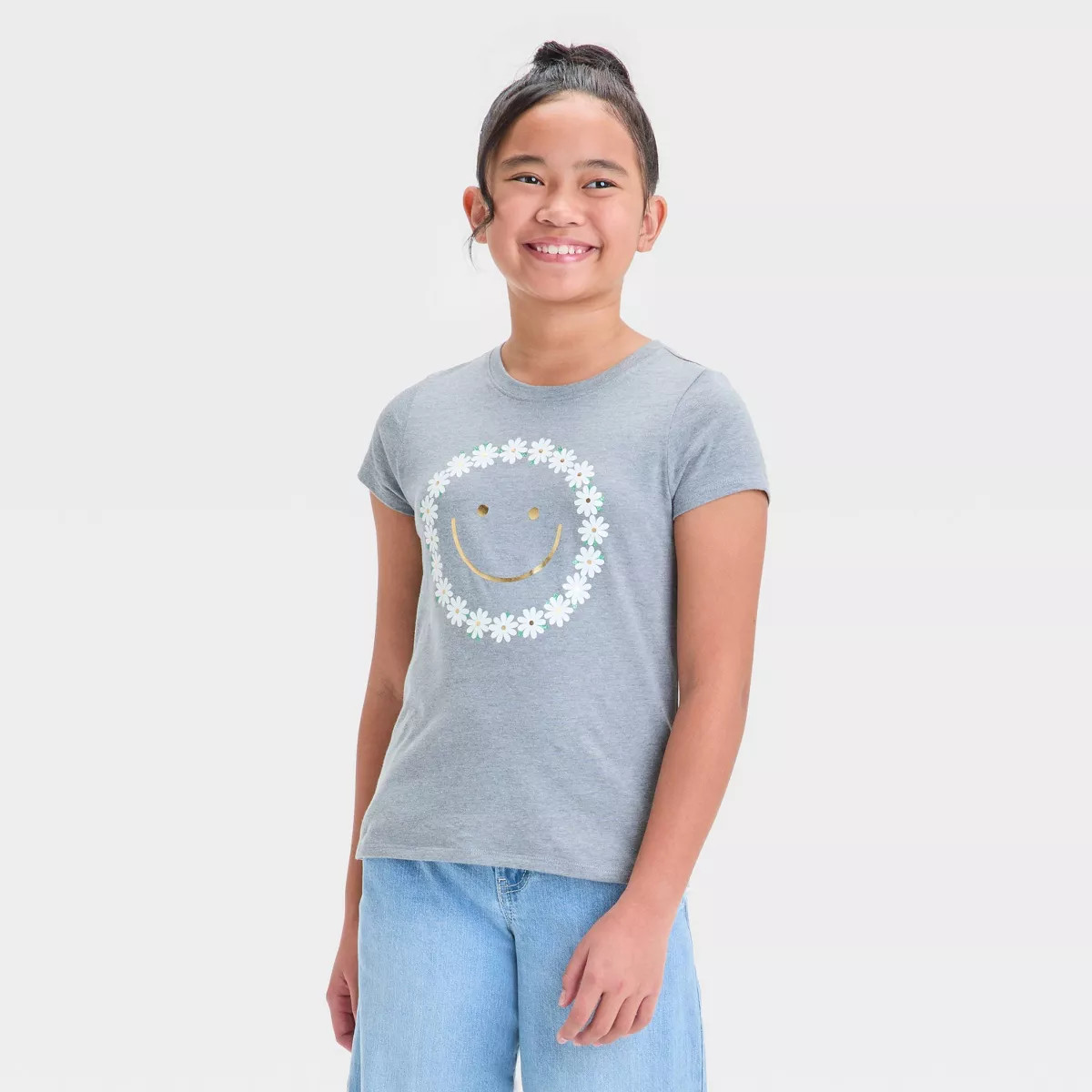 Girls' Short Sleeve Floral Smiley Graphic T-Shirt - Cat & Jack™ Gray | Target