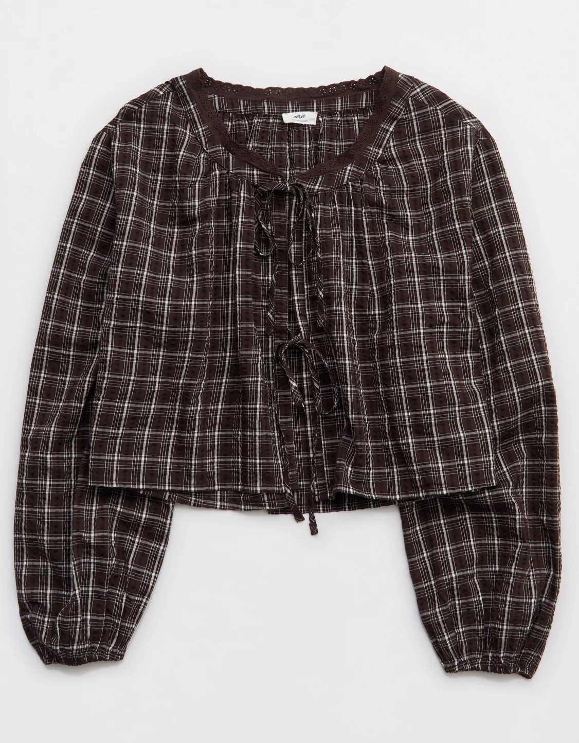 OVERSLEPT by Aerie Seersucker Long Sleeve Volume Tie Top | Aerie