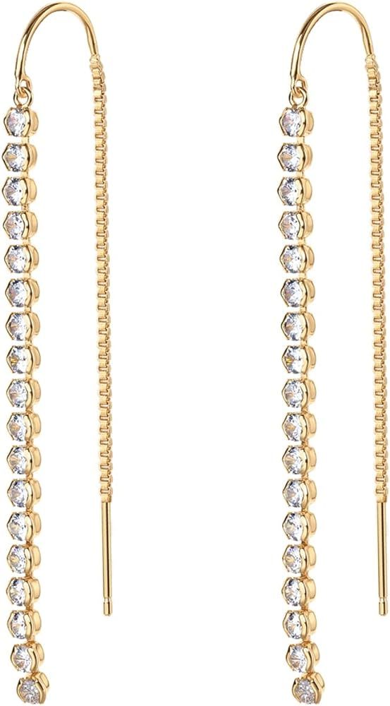 PAVOI 14K Gold Plated 925 Sterling Silver Post Threader Earrings for Women | Minimalist Gold Chai... | Amazon (US)