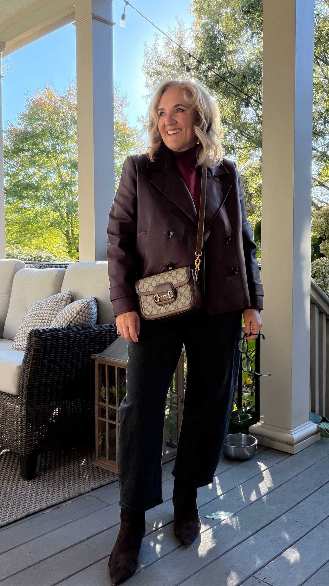 Chicos faux leather trench size 1.0
Sweater size medium (picture shows black, but select fresh berry) 
Black barrel jeans size 29 petite 
Brown suede booties size up! 
Gucci splurge worthy bag 
20% off code NANETTE20 on my jewelry 

#LTKOver40 #LTKSaleAlert #LTKShoeCrush