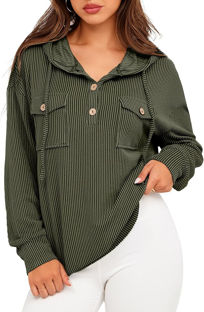 Glamaker Women's Casual Striped Hooded Sweatshirt Button Down Drawstring Hoodies Long Sleeve Pull... | Amazon (US)