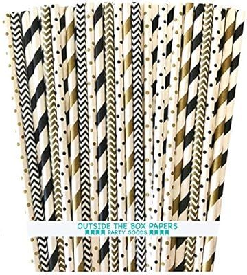 Paper Straws - Black Gold White - Stripe Polka Dot Chevron - 7.75 Inches - 150 Pack - Outside the... | Amazon (US)