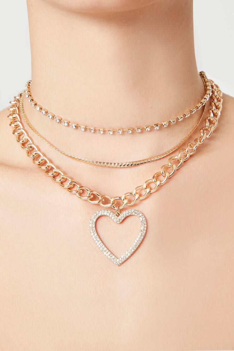 Layered CZ Rhinestone Heart Necklace | Forever 21 (US)