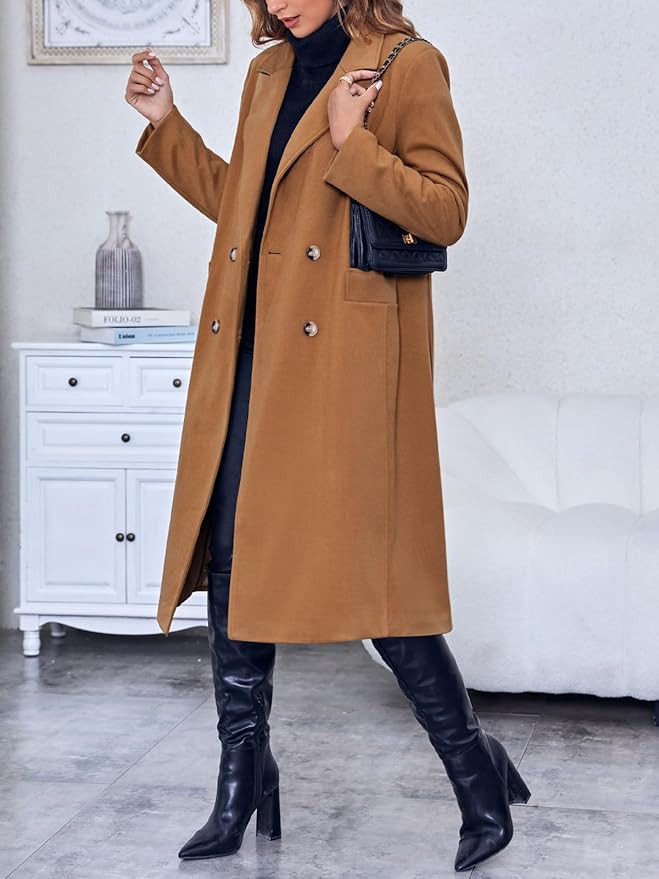Womens Winter Double Breasted Pea Coats Long Trench Coat Casual Work Office Overcoat with Pocket | Amazon (US)