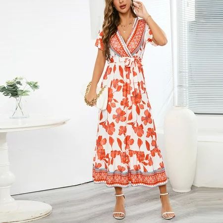 KSCYKKKD Dresses for Women Plus Size Female V-Neck A-Line Short Sleeve Long Floral Bohemian A-Line B | Walmart (US)