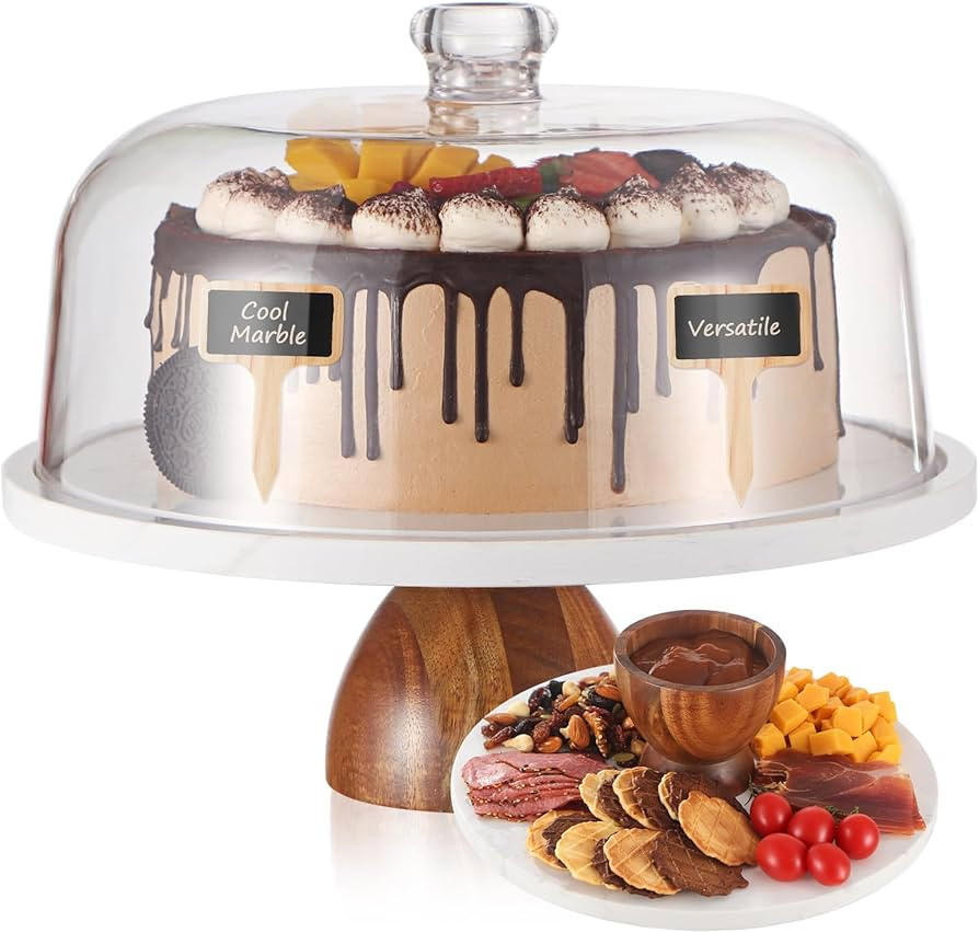 Marble Cake Stand with Dome，2-in-1 Cake Holder&Charcuterie Board with Lid，Marble and Acacia W... | Amazon (US)